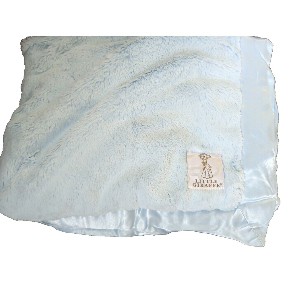 Little Giraffe Luxe Baby Blanket Blue plush Satin Trim Made In USA 31x34"